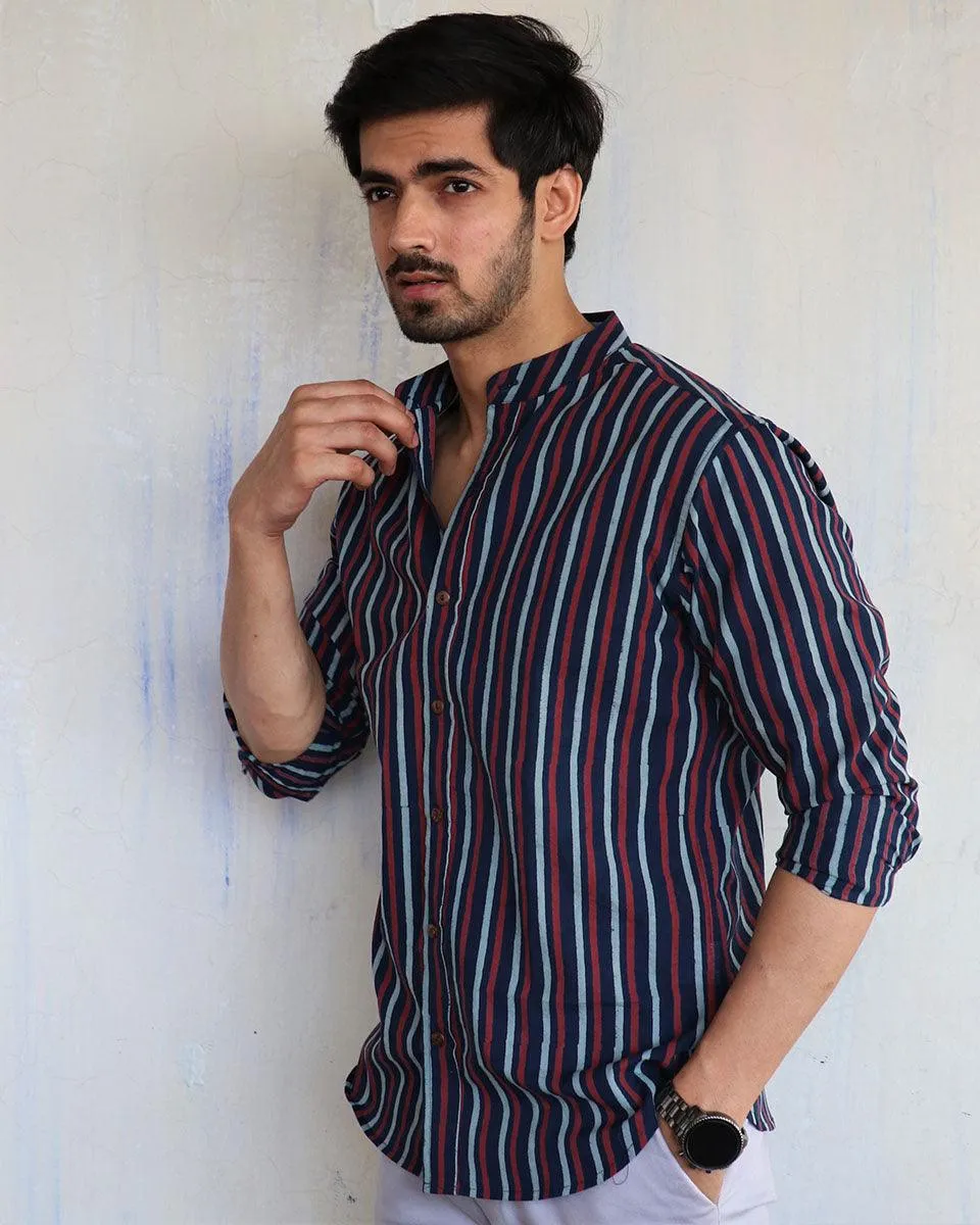 Blue Stripe Block-Printed Men'S Shirt