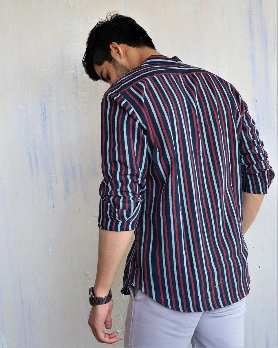 Blue Stripe Block-Printed Men'S Shirt