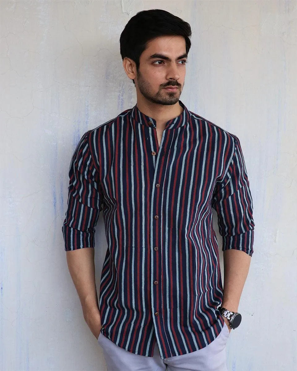 Blue Stripe Block-Printed Men'S Shirt