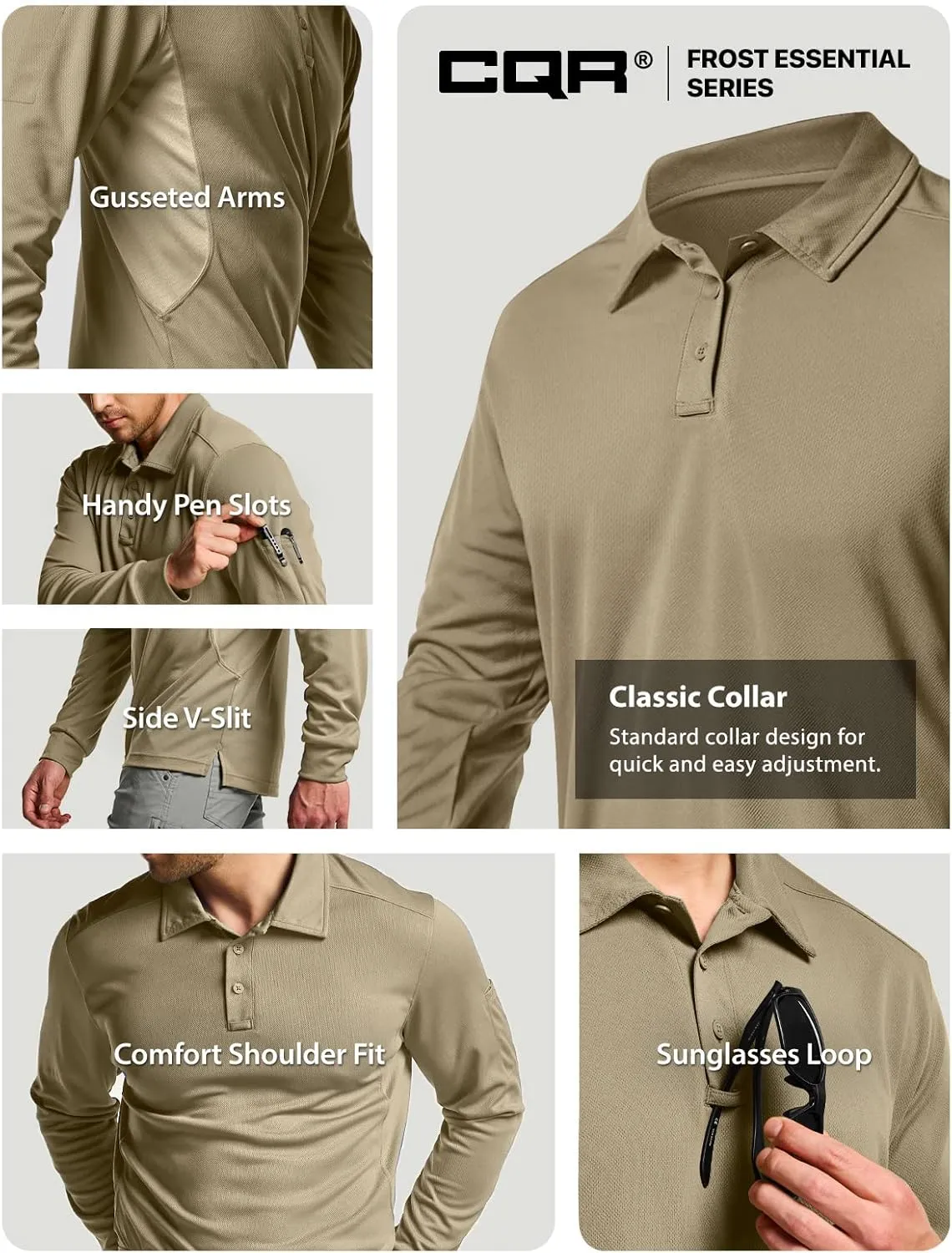CQR Men's Polo Shirt, Long Sleeve Tactical Shirts, Outdoor UPF 50  Pique Shirt, Dry Fit Lightweight Golf Shirts