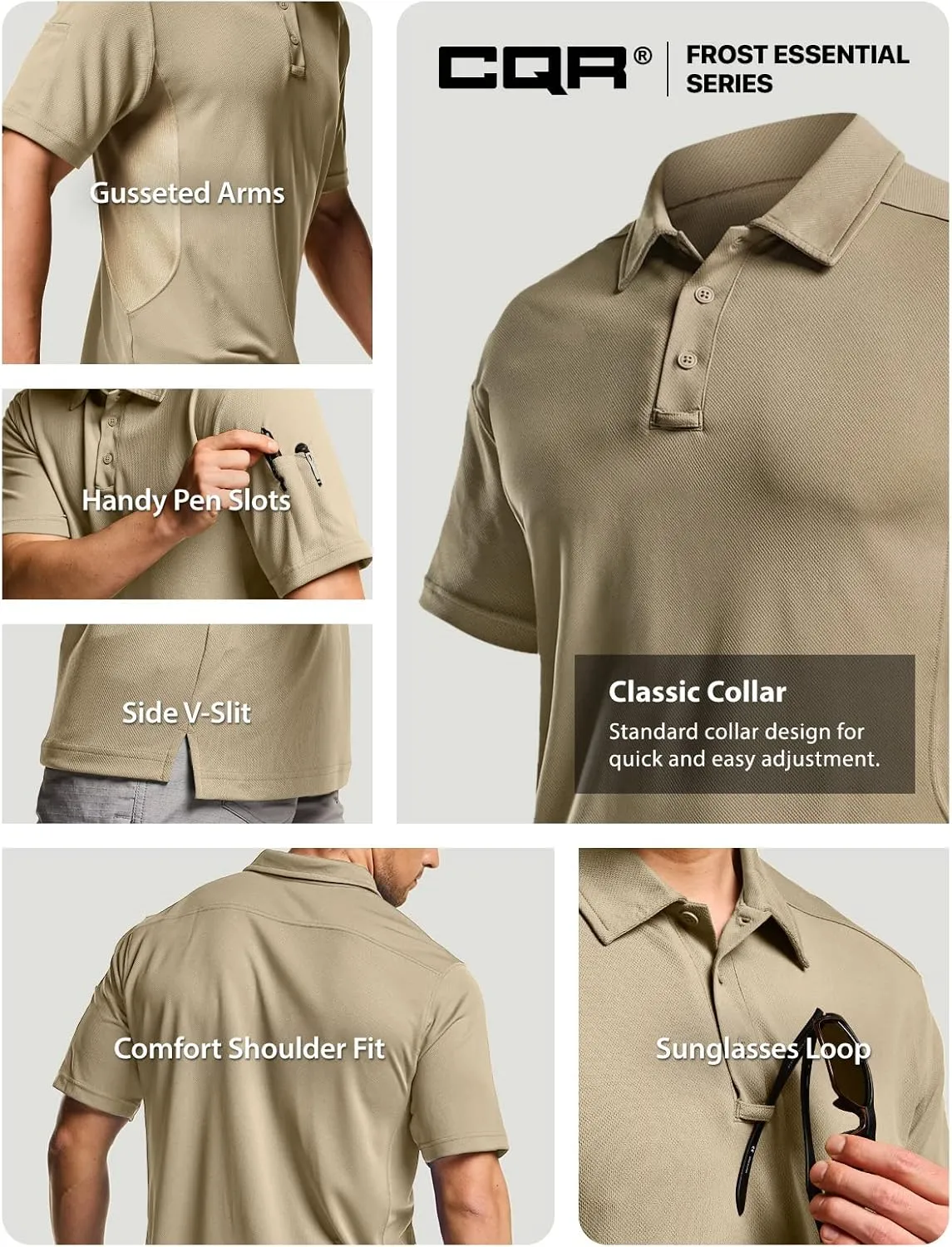 CQR Men's Polo Shirts, Tactical Short Sleeve Golf Performance Shirts, Lightweight Dry Fit UPF 50  Pique