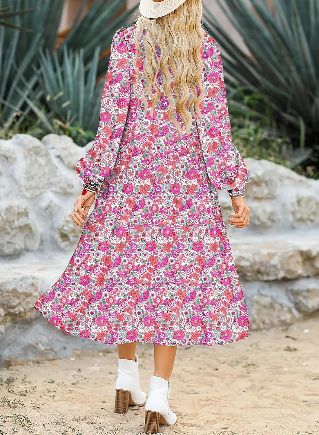Dokotoo Women's Casual Loose Bohemian Floral Dresses 2025 Long Puff Sleeve V Neck Ruffle A Line Flowy Summer Beach Dress