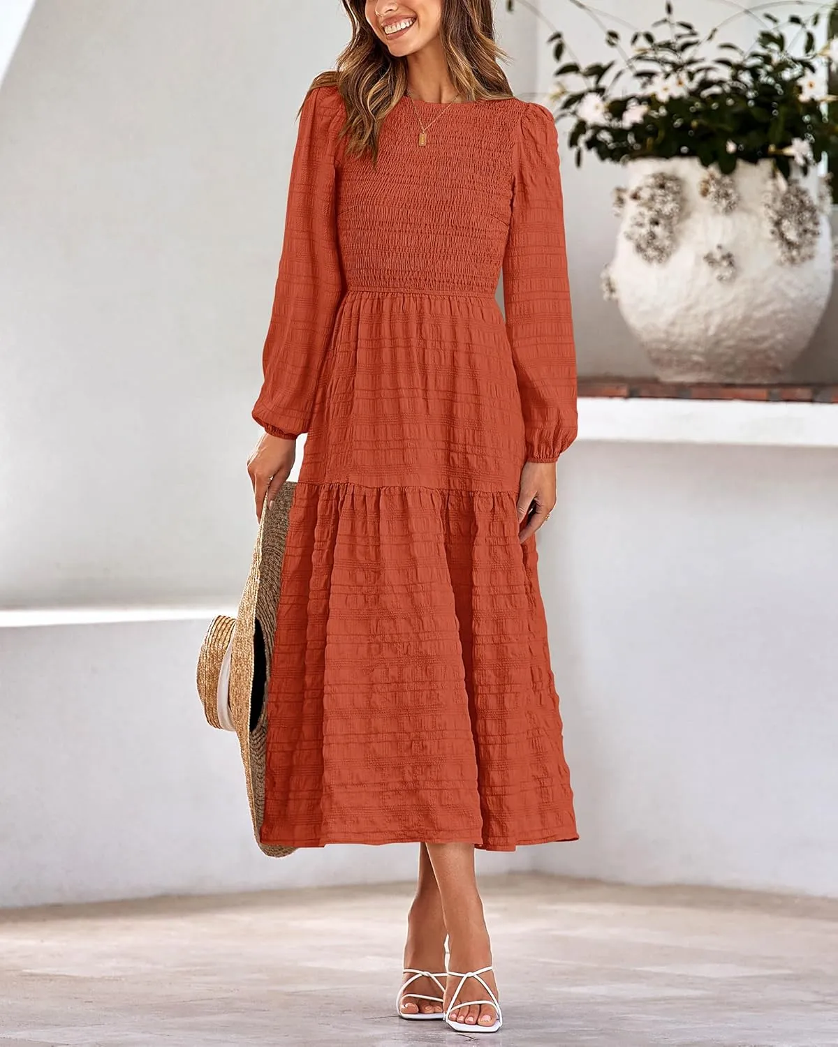 dowerme Women's Spring Dresses 2025 Long Sleeve Crewneck Smocked Tiered Flowy Boho Maxi Sundress Beach Vacation Clothes
