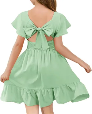 Haloumoning Girls Ruffle Short Sleeve Tie Back Dress Kids Summer Off Shoulder A-line Dresses 5-14 Years