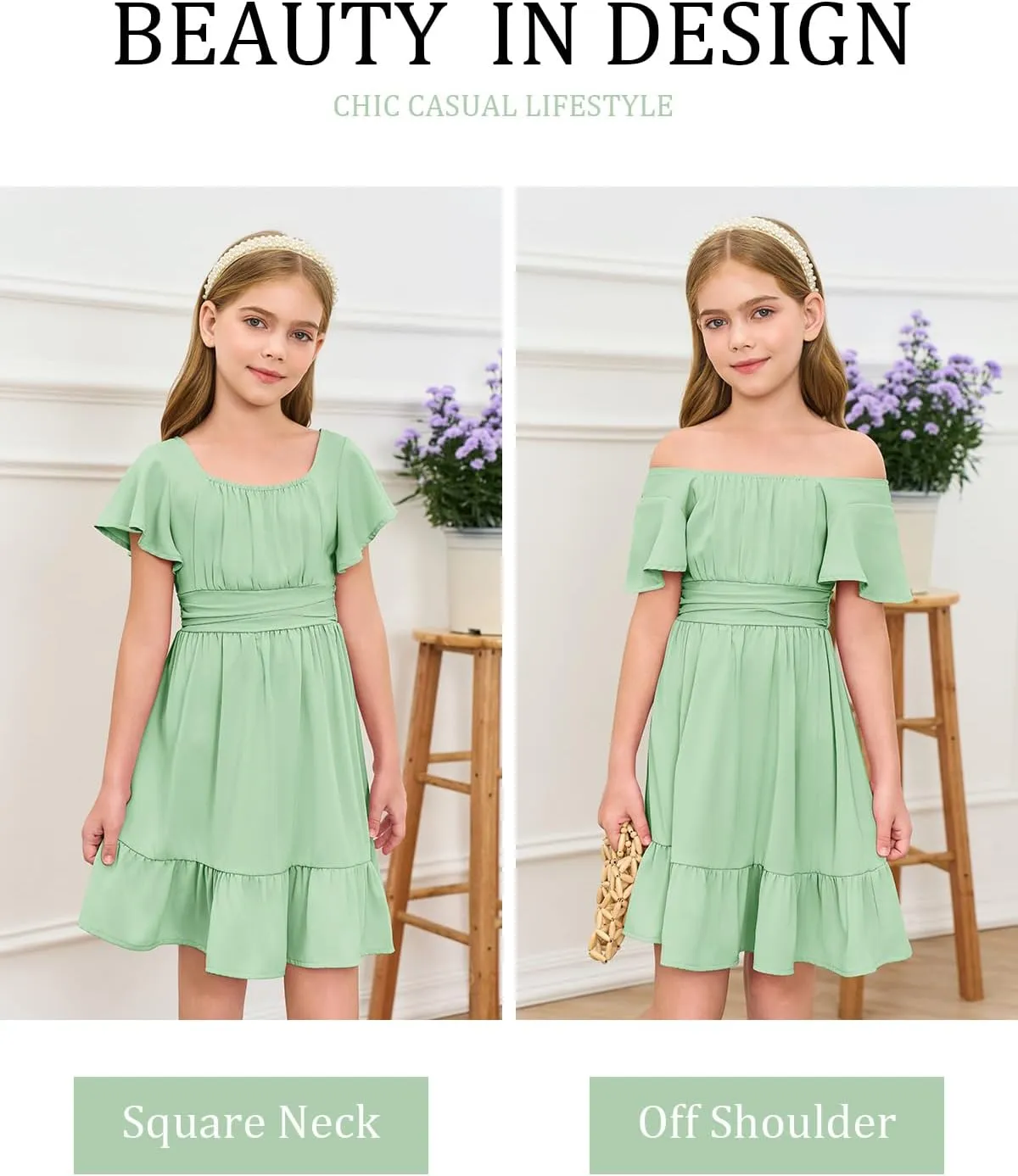 Haloumoning Girls Ruffle Short Sleeve Tie Back Dress Kids Summer Off Shoulder A-line Dresses 5-14 Years