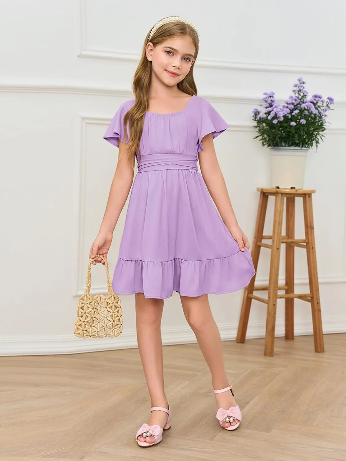 Haloumoning Girls Ruffle Short Sleeve Tie Back Dress Kids Summer Off Shoulder A-line Dresses 5-14 Years