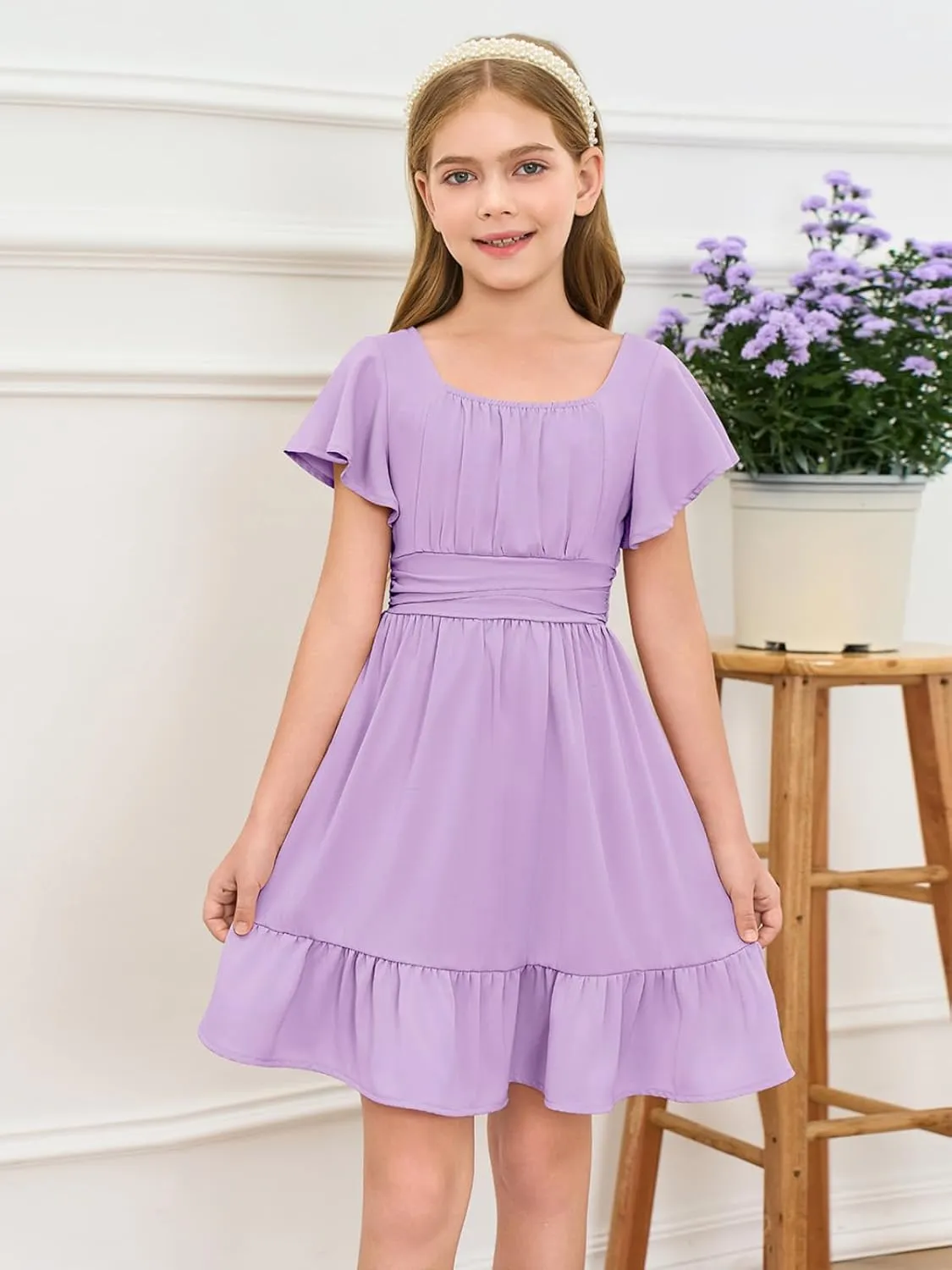 Haloumoning Girls Ruffle Short Sleeve Tie Back Dress Kids Summer Off Shoulder A-line Dresses 5-14 Years