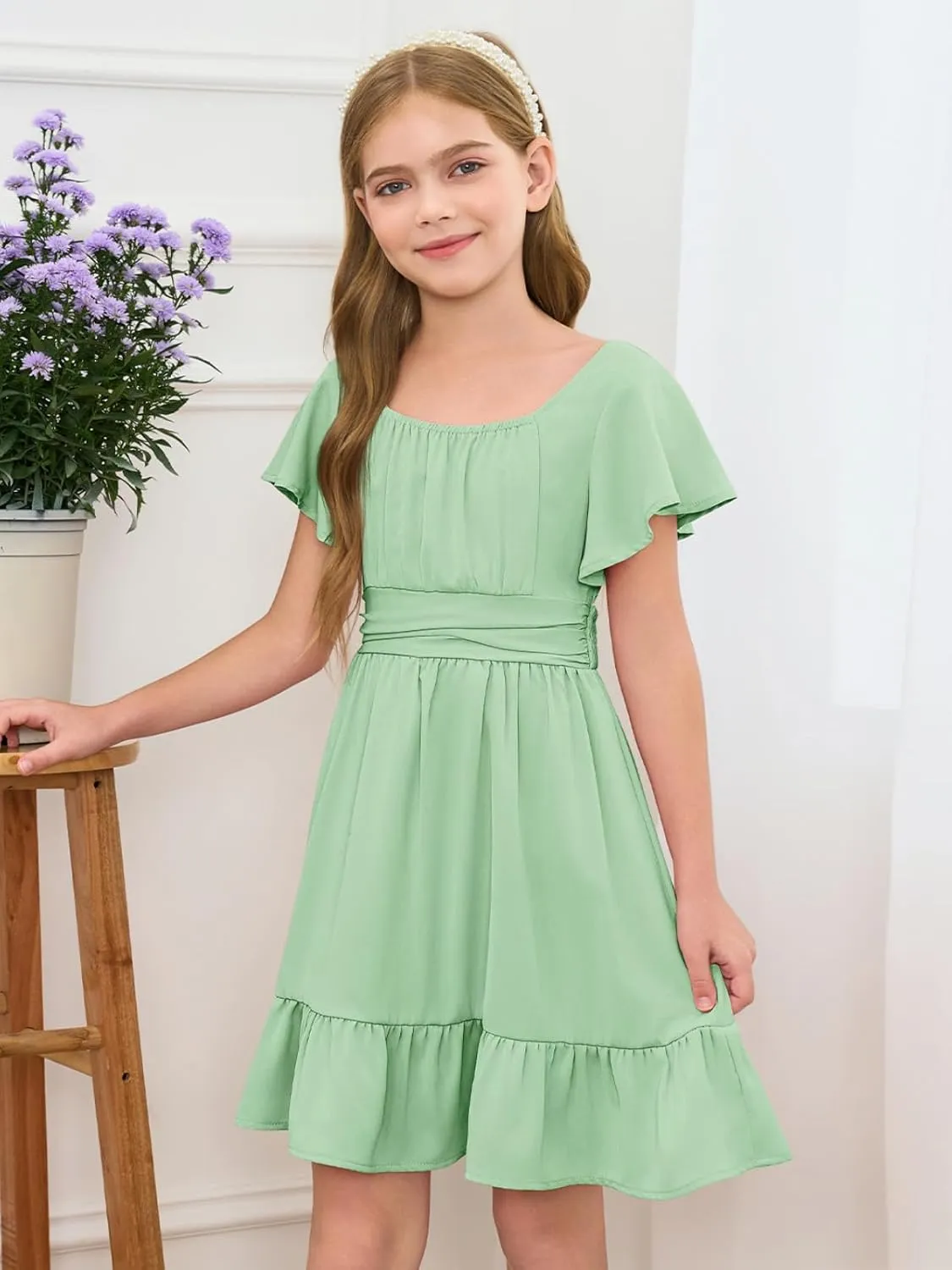Haloumoning Girls Ruffle Short Sleeve Tie Back Dress Kids Summer Off Shoulder A-line Dresses 5-14 Years