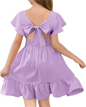 Haloumoning Girls Ruffle Short Sleeve Tie Back Dress Kids Summer Off Shoulder A-line Dresses 5-14 Years