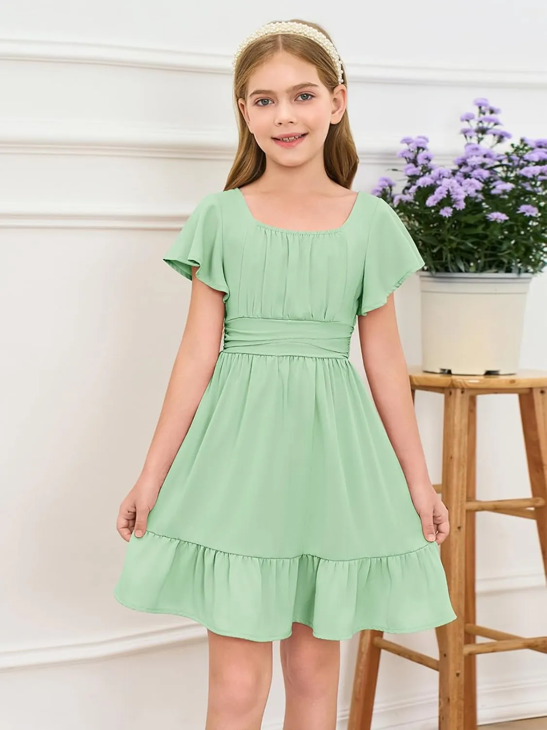 Haloumoning Girls Ruffle Short Sleeve Tie Back Dress Kids Summer Off Shoulder A-line Dresses 5-14 Years
