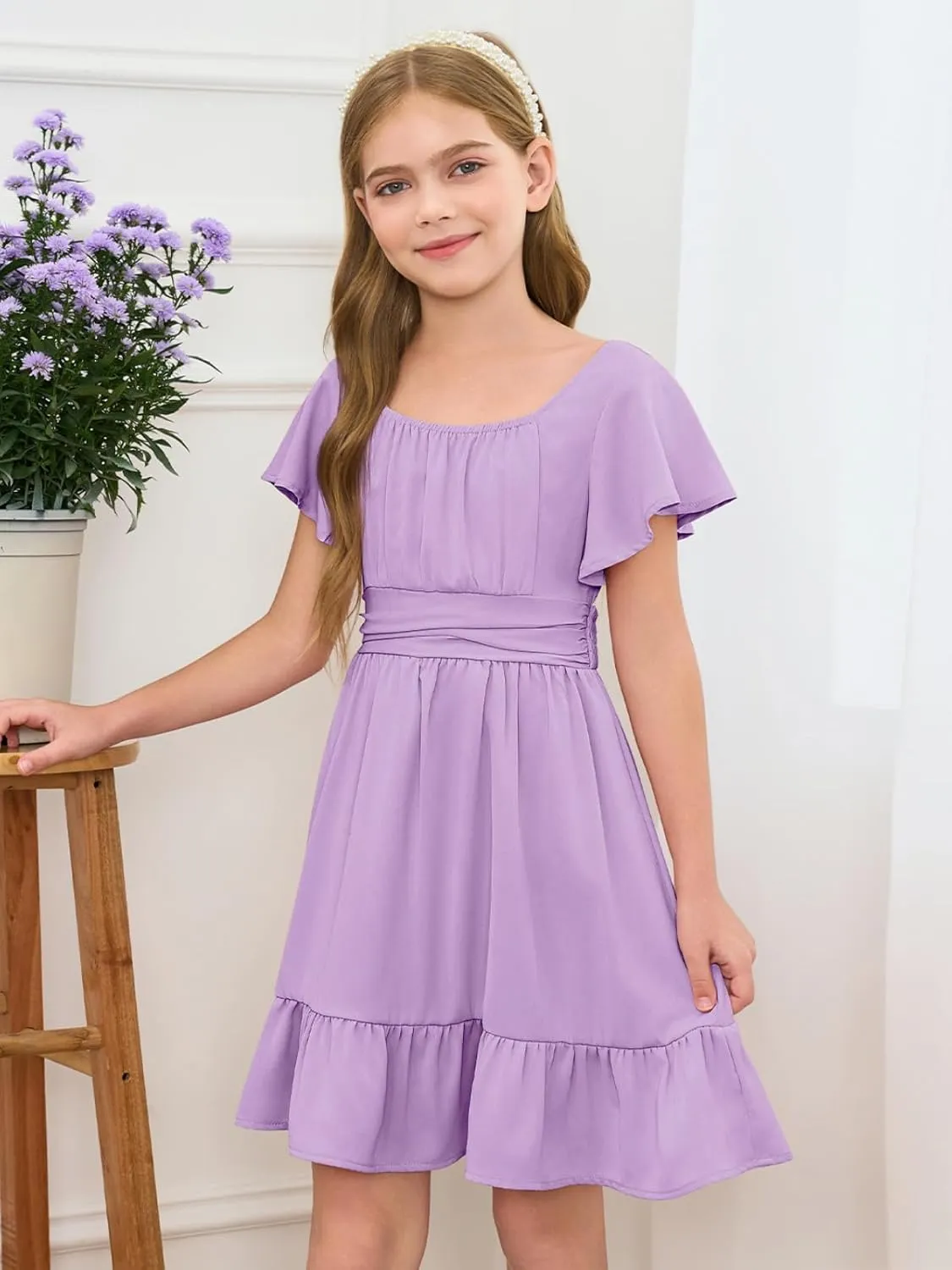 Haloumoning Girls Ruffle Short Sleeve Tie Back Dress Kids Summer Off Shoulder A-line Dresses 5-14 Years