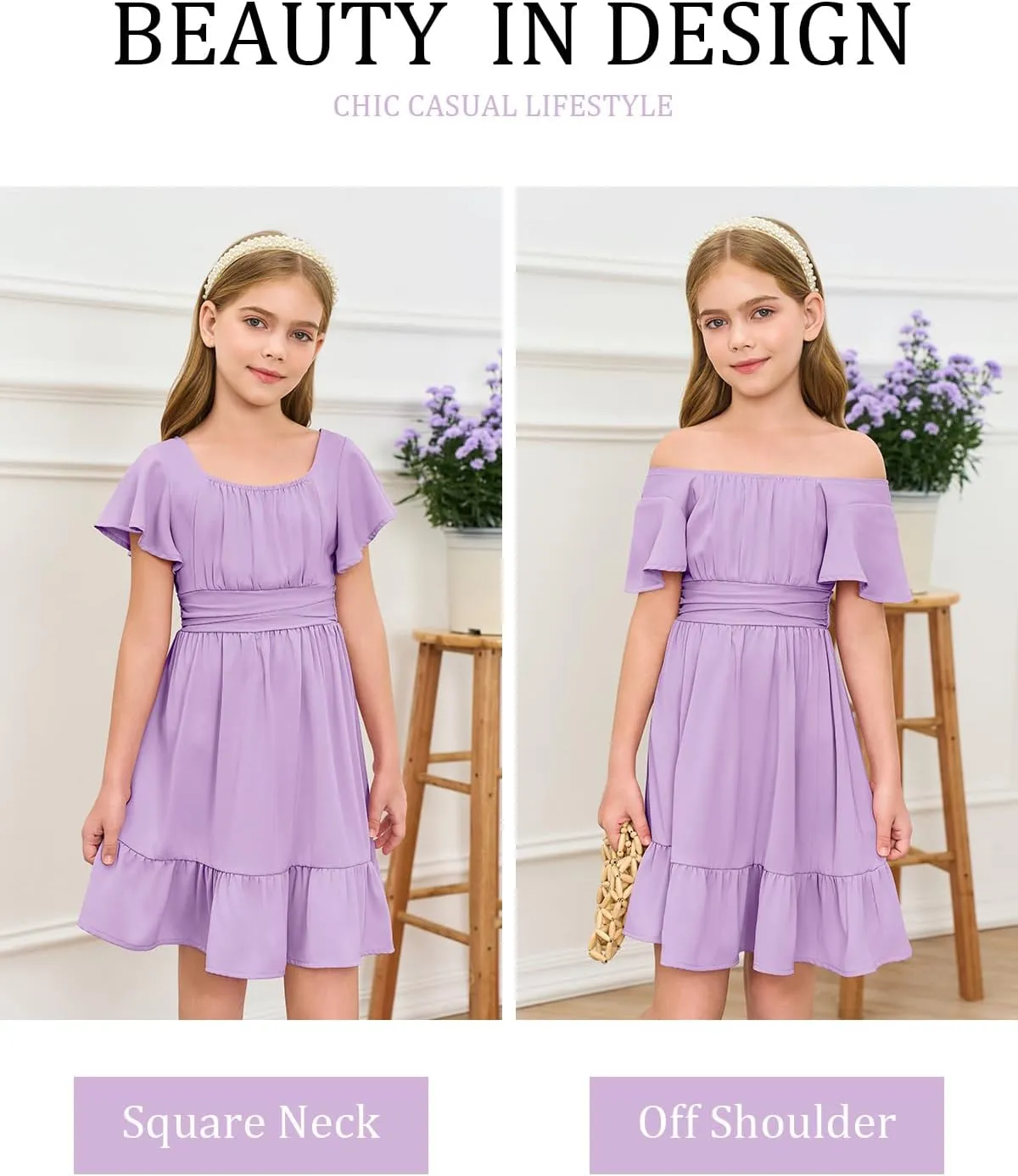Haloumoning Girls Ruffle Short Sleeve Tie Back Dress Kids Summer Off Shoulder A-line Dresses 5-14 Years