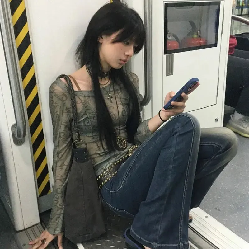 Vintage Print Long Sleeve Slim Y2k Aesthetic T-Shirts Women See Through Sexy Tshirts Harajuku Grunge Streetwear Tee Shirts Femme