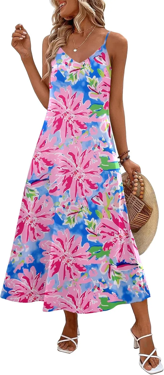 Zeagoo Womens Summer Maxi Dress Spaghetti Strap Casual Printed Dress Boho Floral Beach Sundress,