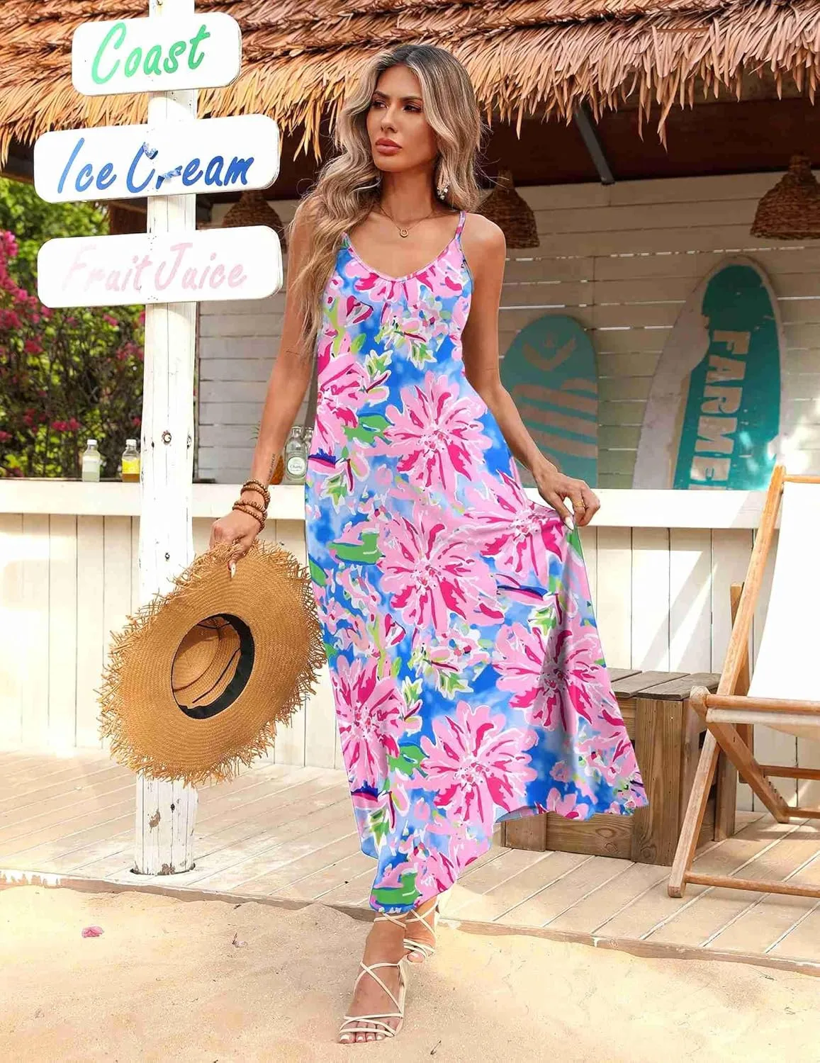 Zeagoo Womens Summer Maxi Dress Spaghetti Strap Casual Printed Dress Boho Floral Beach Sundress,