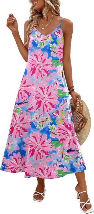 Zeagoo Womens Summer Maxi Dress Spaghetti Strap Casual Printed Dress Boho Floral Beach Sundress,