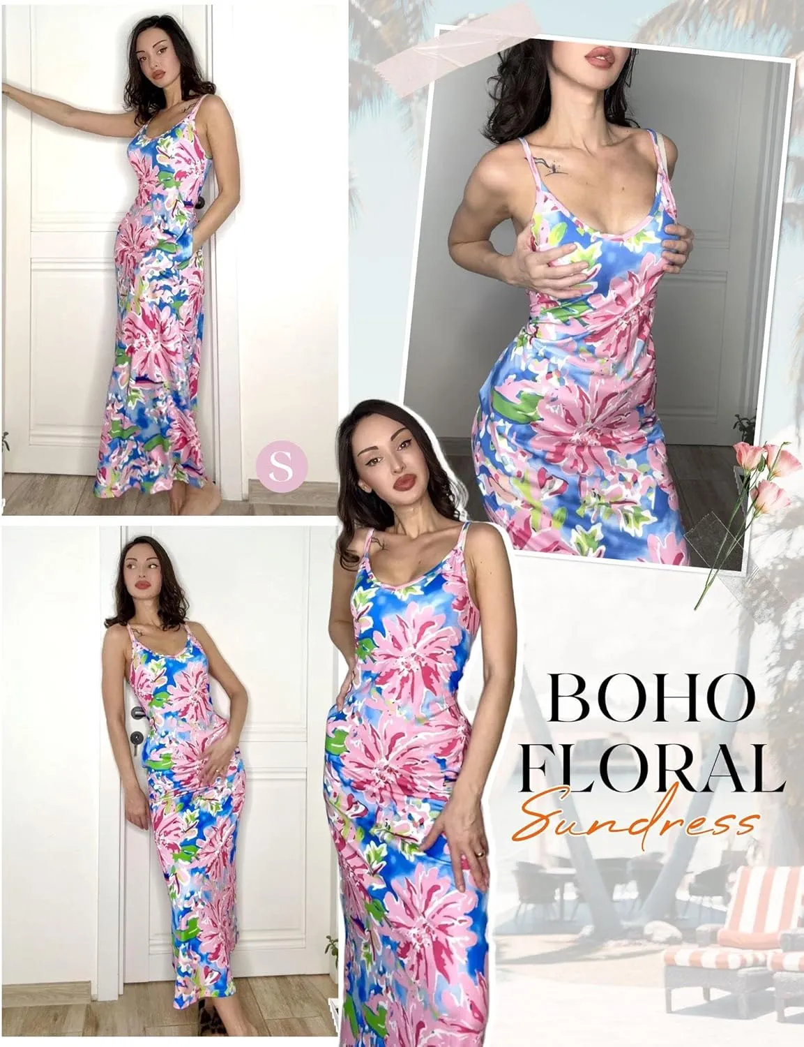 Zeagoo Womens Summer Maxi Dress Spaghetti Strap Casual Printed Dress Boho Floral Beach Sundress,