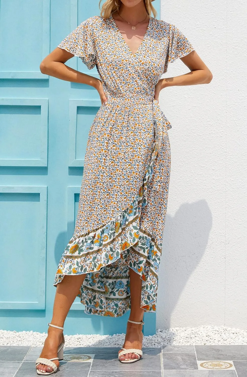 ZESICA Women's Summer Bohemian Floral Printed Wrap V Neck Beach Party Flowy Ruffle Midi Dress