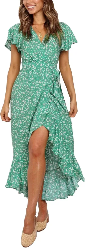 ZESICA Women's Summer Bohemian Floral Printed Wrap V Neck Beach Party Flowy Ruffle Midi Dress