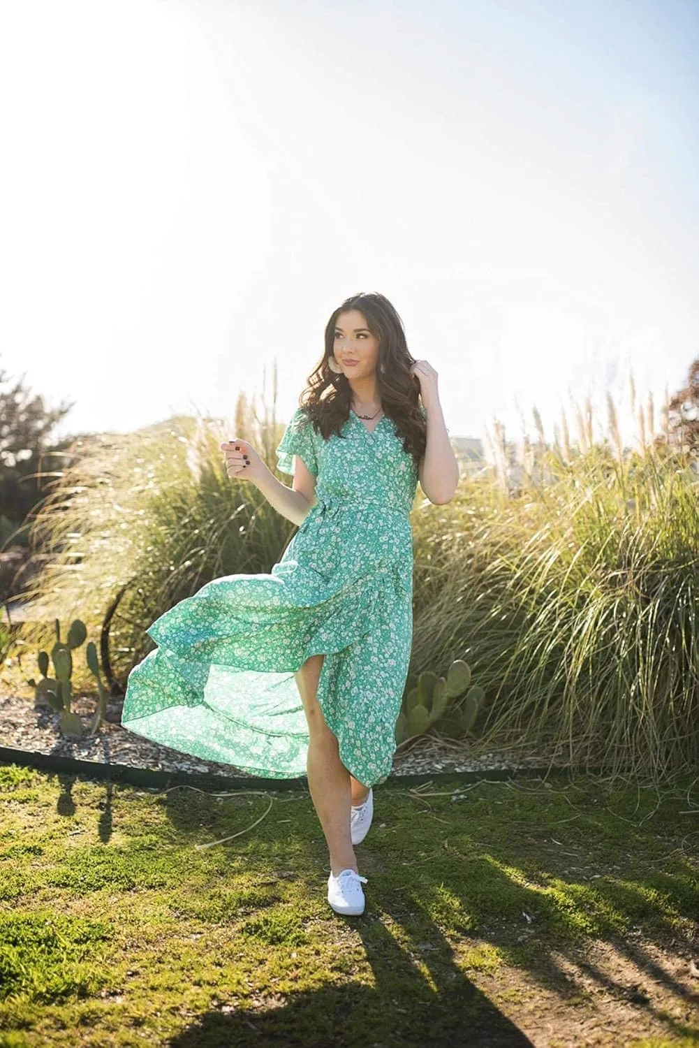 ZESICA Women's Summer Bohemian Floral Printed Wrap V Neck Beach Party Flowy Ruffle Midi Dress