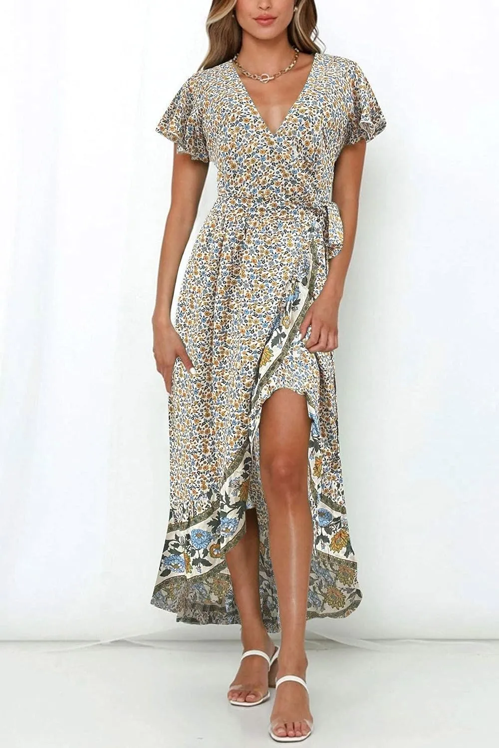 ZESICA Women's Summer Bohemian Floral Printed Wrap V Neck Beach Party Flowy Ruffle Midi Dress