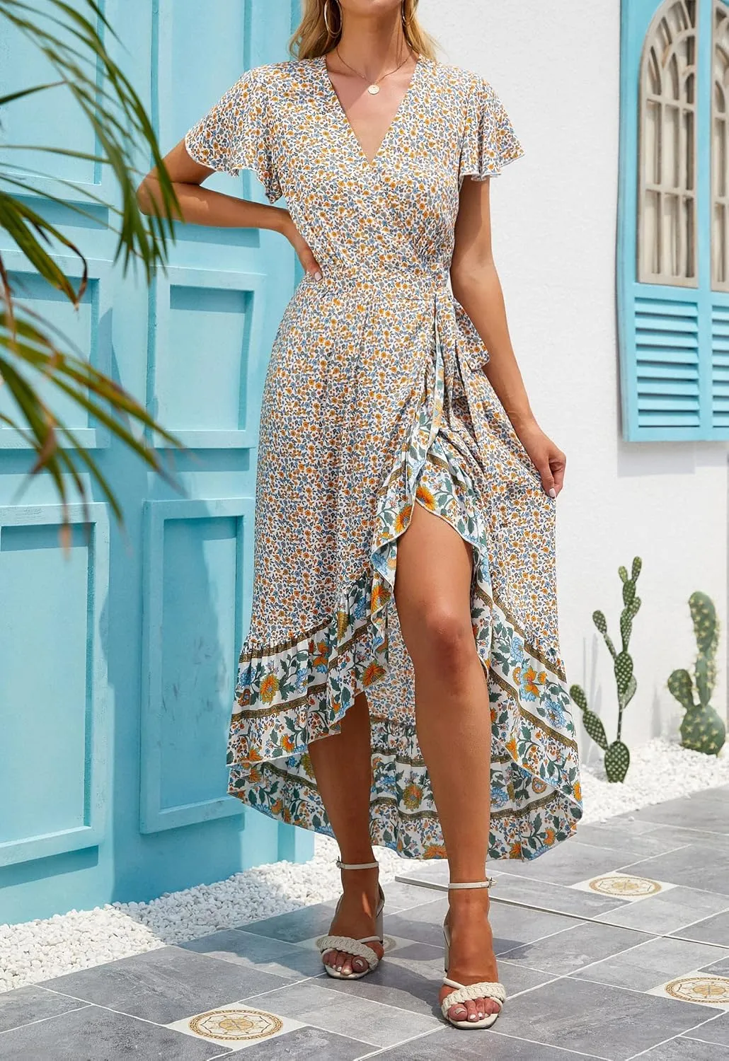 ZESICA Women's Summer Bohemian Floral Printed Wrap V Neck Beach Party Flowy Ruffle Midi Dress