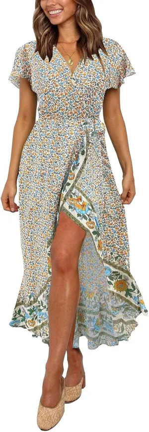 ZESICA Women's Summer Bohemian Floral Printed Wrap V Neck Beach Party Flowy Ruffle Midi Dress