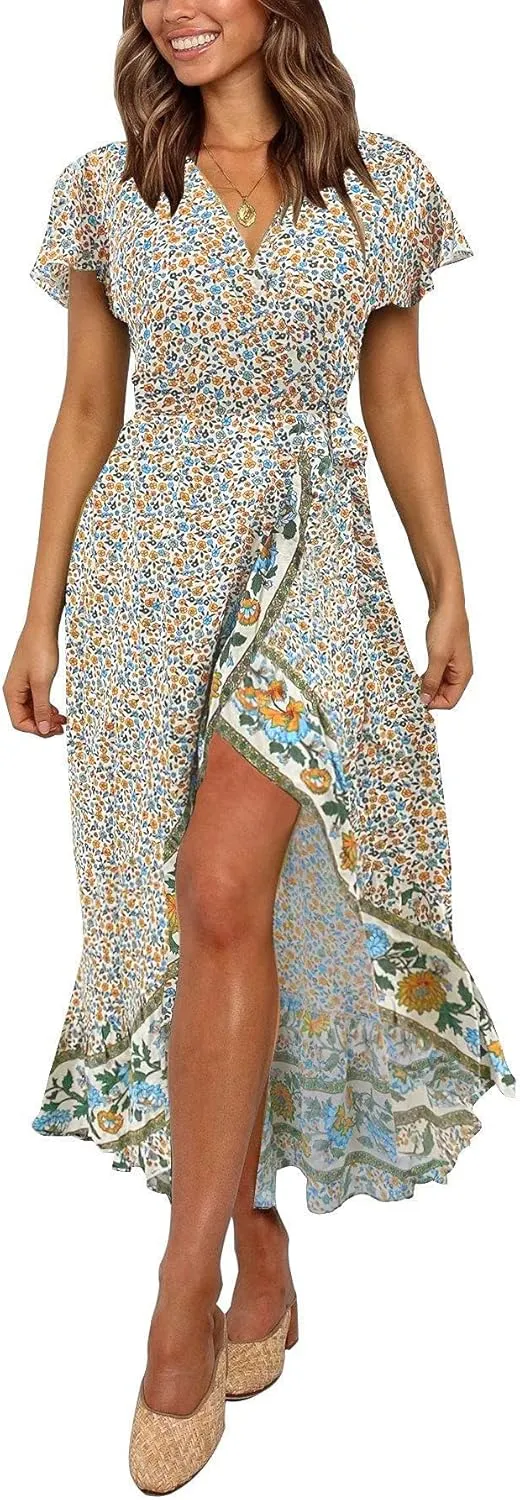ZESICA Women's Summer Bohemian Floral Printed Wrap V Neck Beach Party Flowy Ruffle Midi Dress