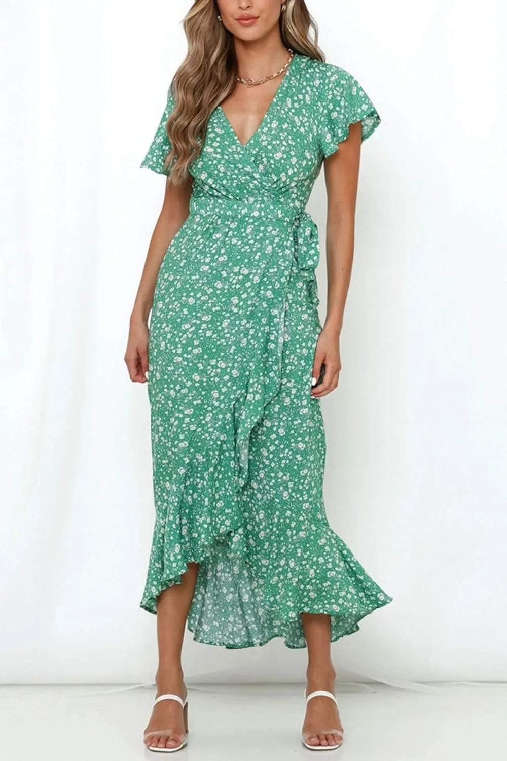 ZESICA Women's Summer Bohemian Floral Printed Wrap V Neck Beach Party Flowy Ruffle Midi Dress