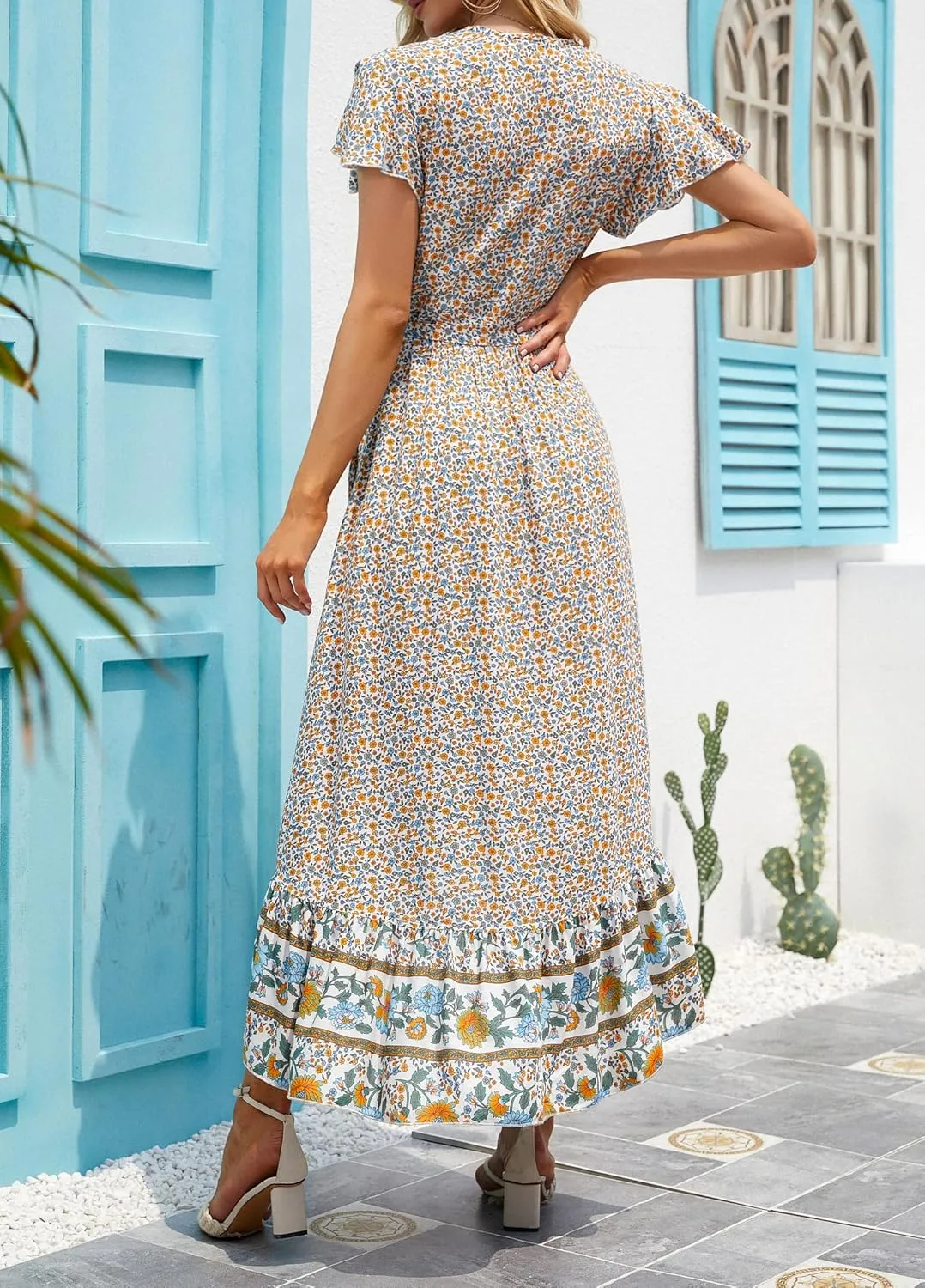 ZESICA Women's Summer Bohemian Floral Printed Wrap V Neck Beach Party Flowy Ruffle Midi Dress