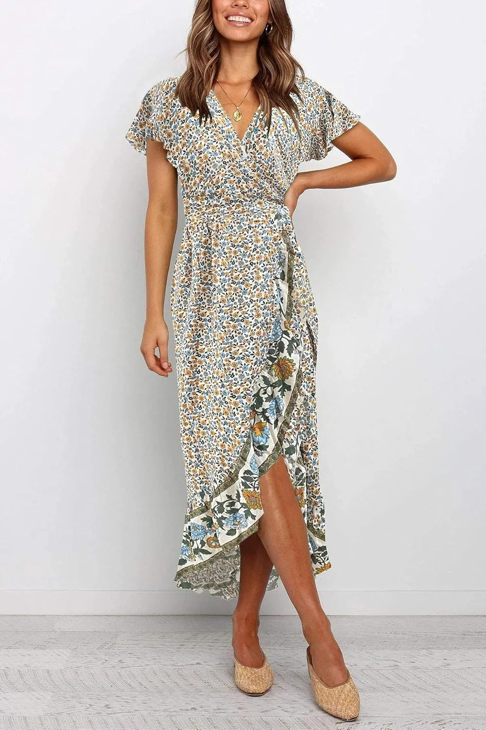 ZESICA Women's Summer Bohemian Floral Printed Wrap V Neck Beach Party Flowy Ruffle Midi Dress
